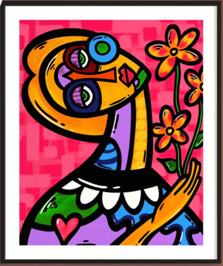 Kvinne med blomst med sort ramme