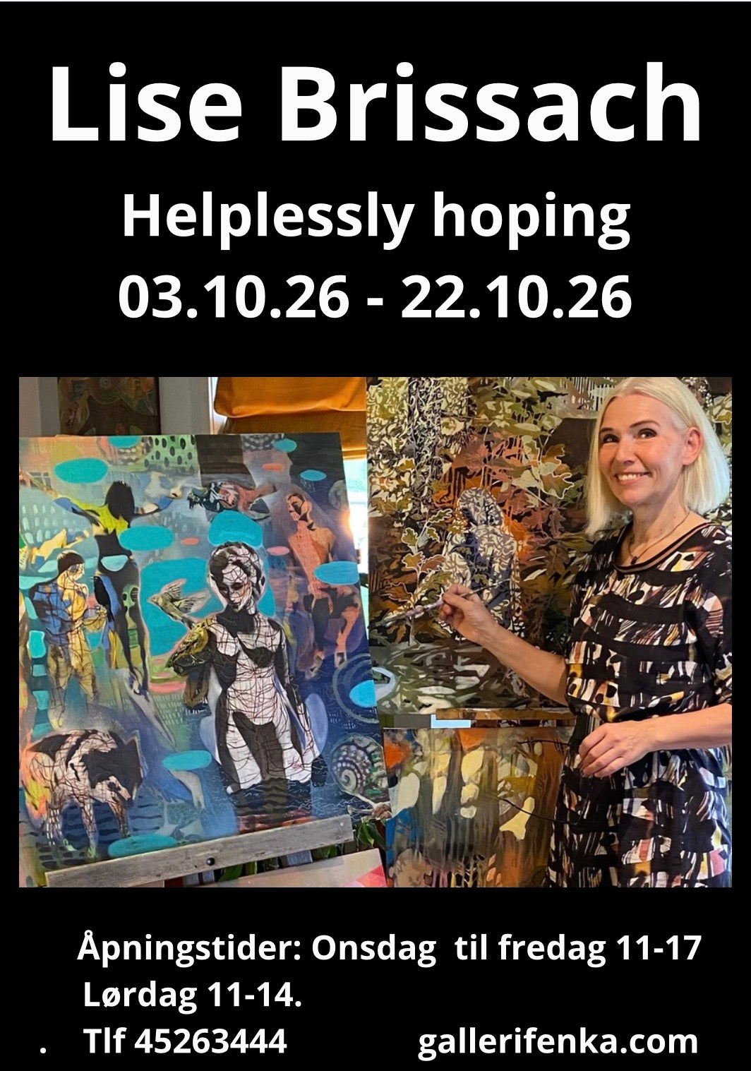 Utstillingsåpning med orginaler og trykk av Lise Brissach lørdag 3. oktober på Galleri Fenka.Kunstsamtale og musikkHelplessly hopingI arbeidene er jeg opptatt av dilemmaer og paradokser i spenningsfeltet mellom natur og teknologi. Motstridende sannheter. Fasinasjon for nye fremskritt og teknologiske muligheter, men også en bekymring og en sorg over ufornuftige og ukloke valg vi gjør på naturens vegne. Mellom ønsket om utvikling og behovet for å bevare oppstår en ambivalens som ligger til grunn for tankevirksomheten bak arbeidene.